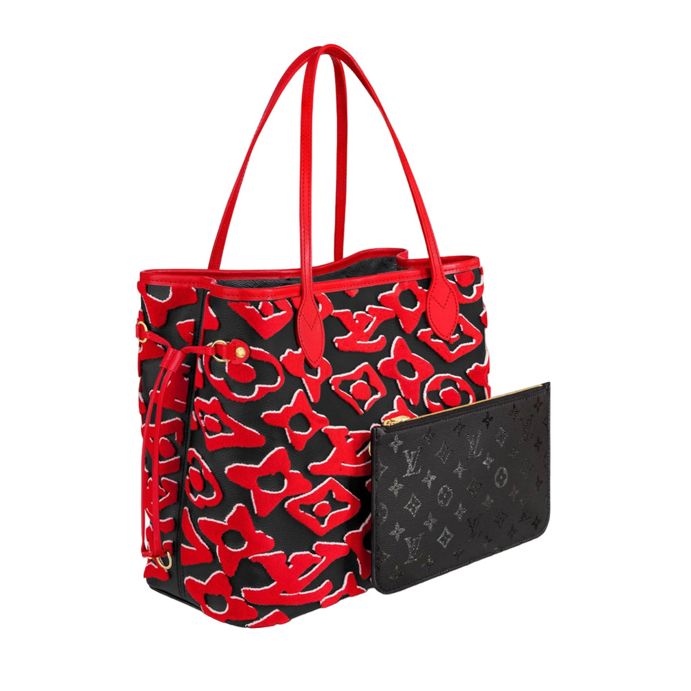 Louis Vuitton Neverfull MM & Pouch Urs Fischer Black Red Handle Shoulder Bag